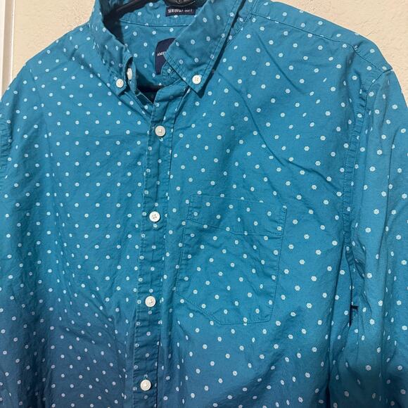 AMERICAN EAGLE Seriously Soft Button-up Shirt Mens XL Teal ombre polka dot green - Picture 3 of 6